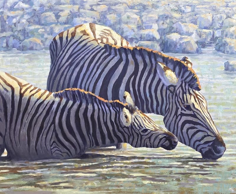 Ölgemälde von Zebras am Fluss im Morgenlicht
