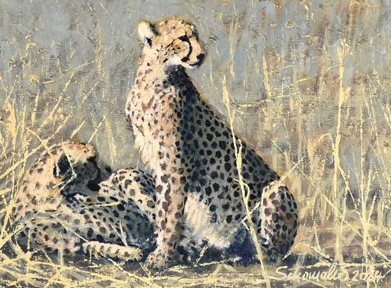 Zwei Geparde in der Savanne, Ölgemälde von Philipp Schomaker