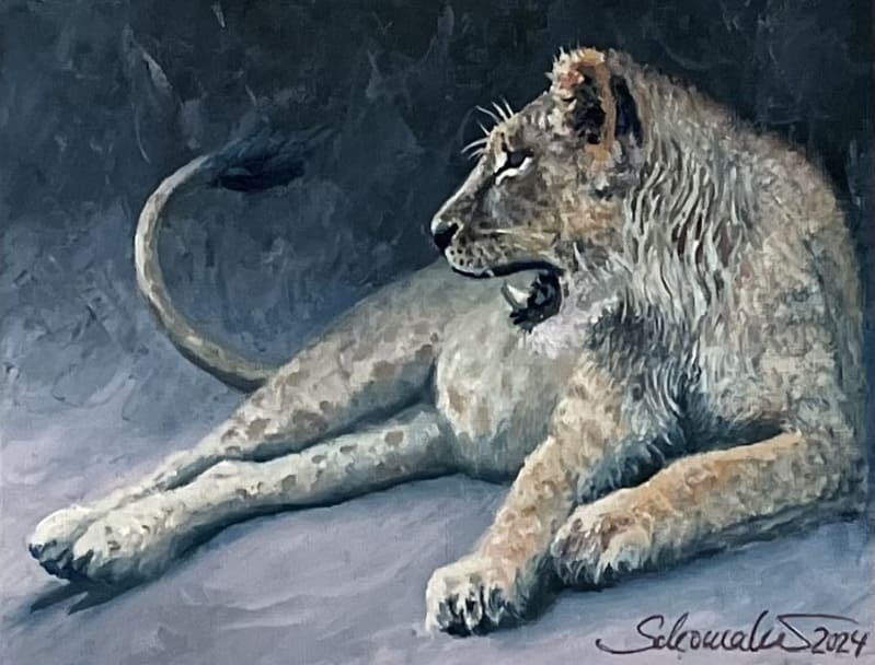 Ölgemälde einer afrikanischen Löwin im Schatten